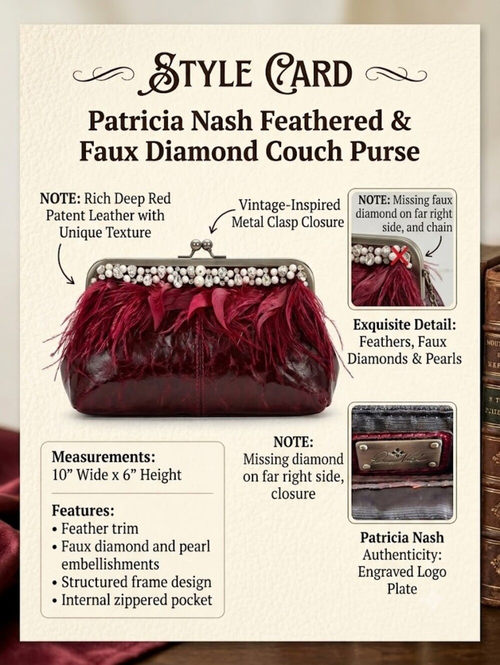 Patricia Nash Burgundy Feather-Trimmed Clutch with Pearl & Faux Gem Accents